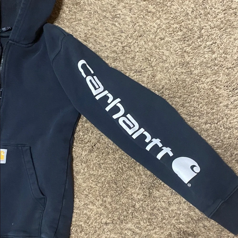 Carhartt Black Zip Up Hoodie With Logo on Sleeve Size L  14-16 Kids